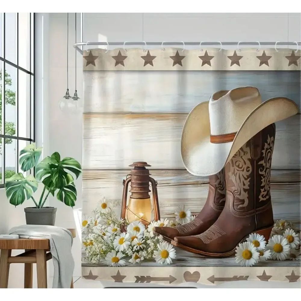 Cowboy Boots shower curtain & Bath Mat Set with Hooks - 4 Piece Collection weste
